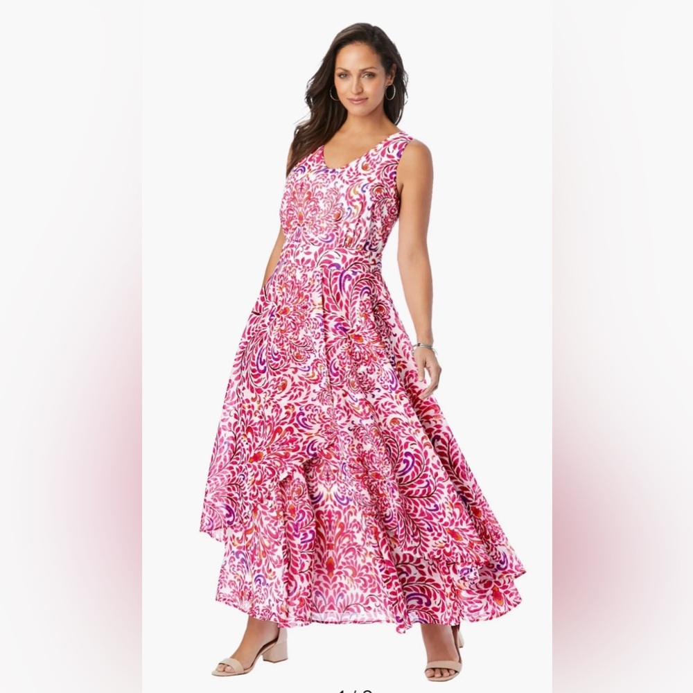 Jessica London Georgette Flyaway Maxi Dress Pink Burst Scroll Plus Size 14